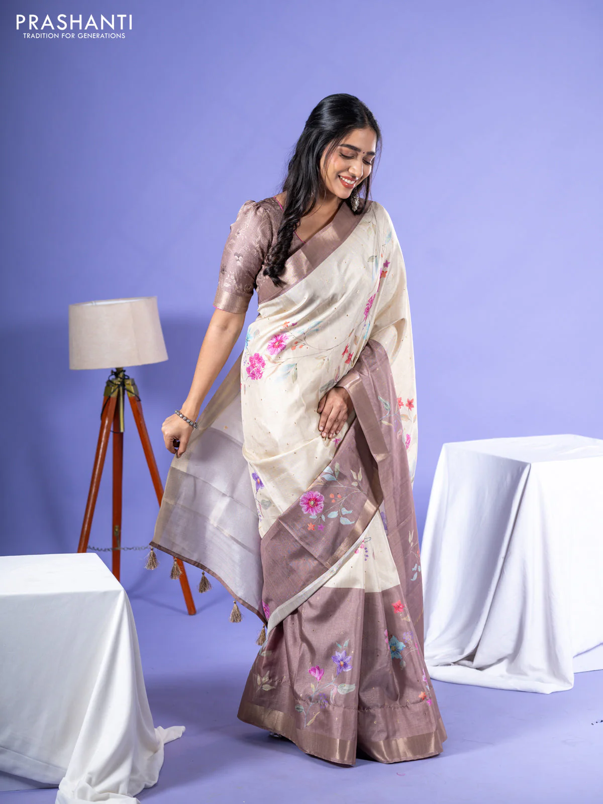 Semi tussar saree cream and sandal with allover zari buttas & floral digital prints and zari woven border - Image 3