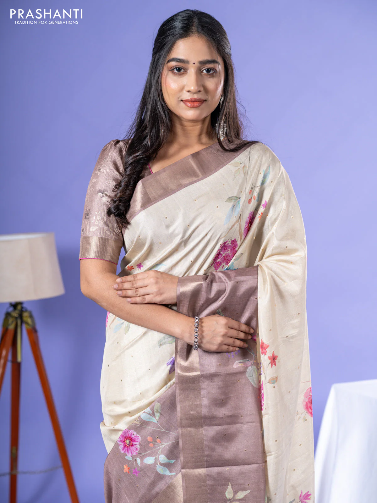 Semi tussar saree cream and sandal with allover zari buttas & floral digital prints and zari woven border - Image 4