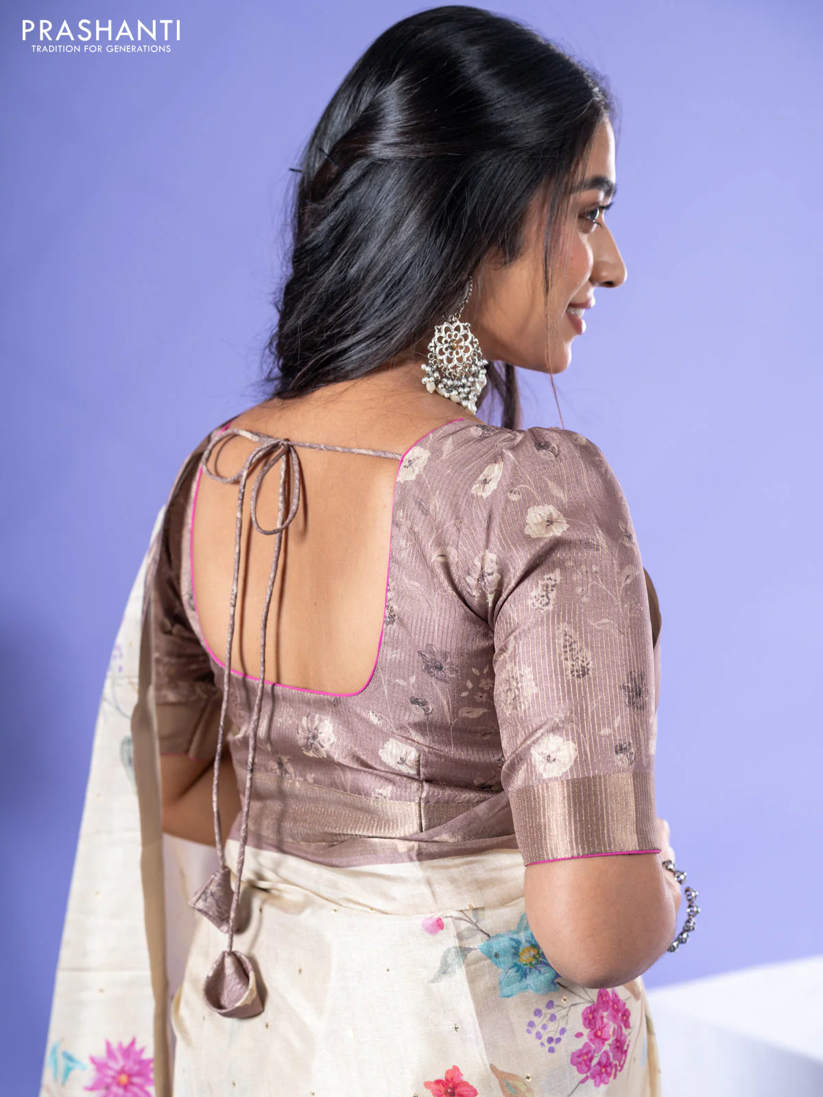 Semi tussar saree cream and sandal with allover zari buttas & floral digital prints and zari woven border - Image 6
