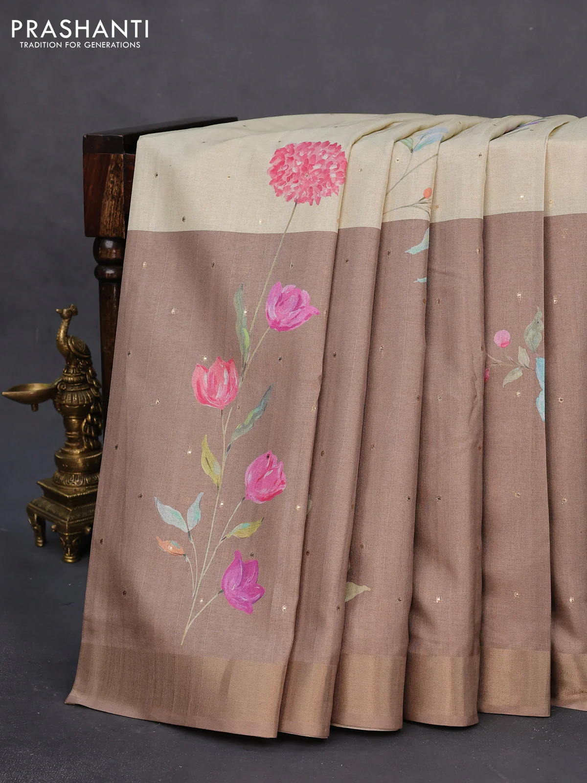 Semi tussar saree cream and sandal with allover zari buttas & floral digital prints and zari woven border - Image 7