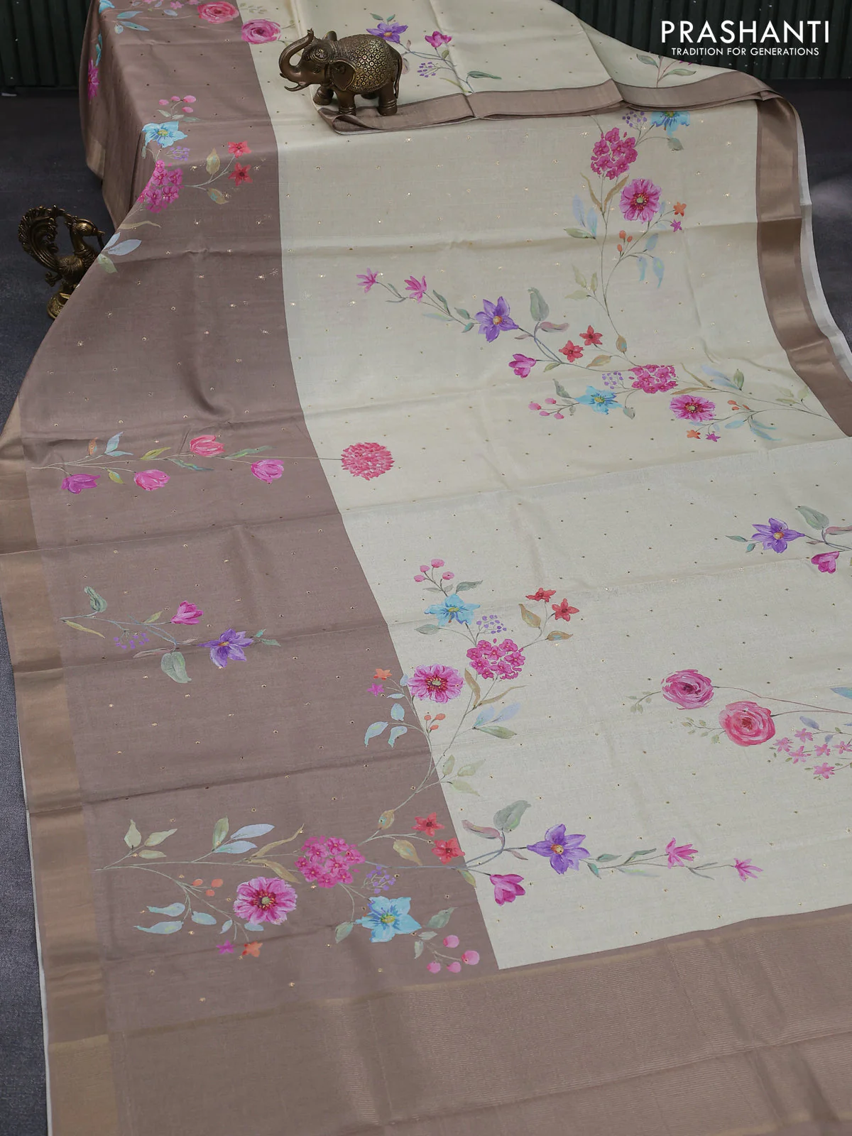 Semi tussar saree cream and sandal with allover zari buttas & floral digital prints and zari woven border - Image 8