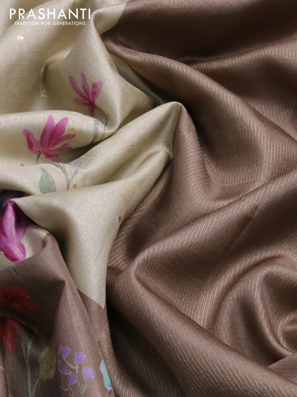 Semi tussar saree cream and sandal with allover zari buttas & floral digital prints and zari woven border - Image 9