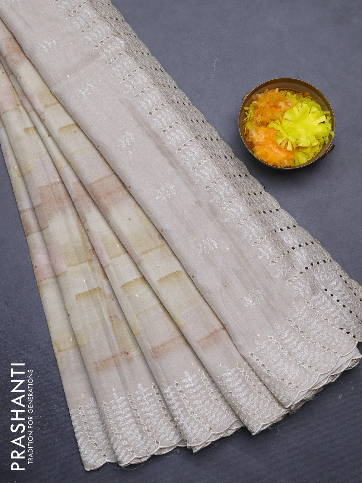 Semi tussar saree cream with allover geometric prints and embroidery cut work border - Image 2