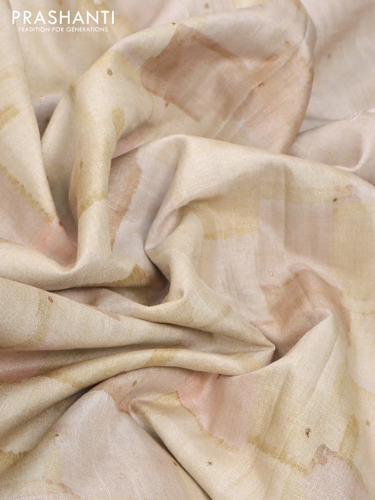 Semi tussar saree cream with allover geometric prints and embroidery cut work border - Image 3