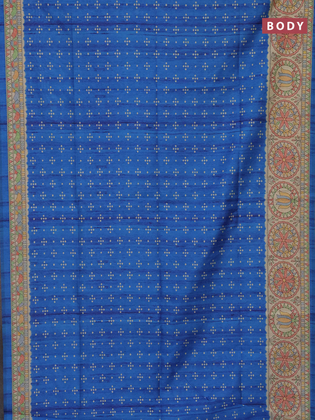 Semi tussar saree cs blue and beige with bandhini butta prints and mandhubani printed pallu - Image 2