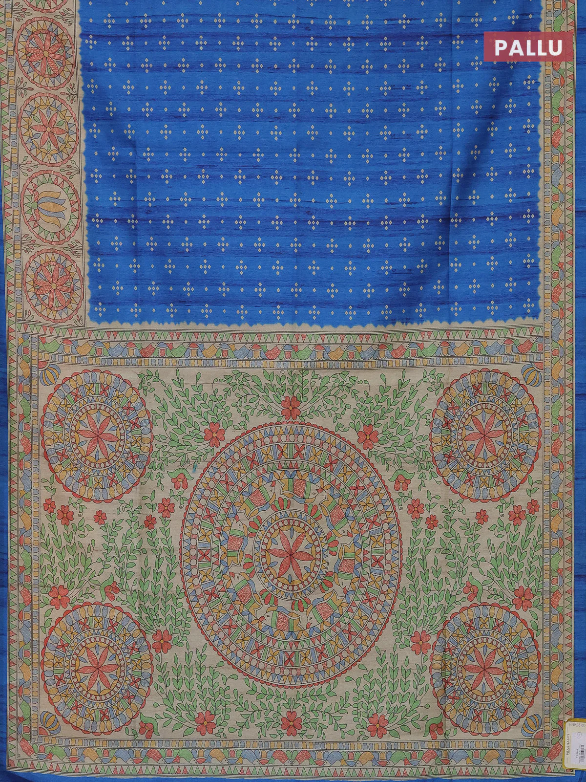 Semi tussar saree cs blue and beige with bandhini butta prints and mandhubani printed pallu - Image 3