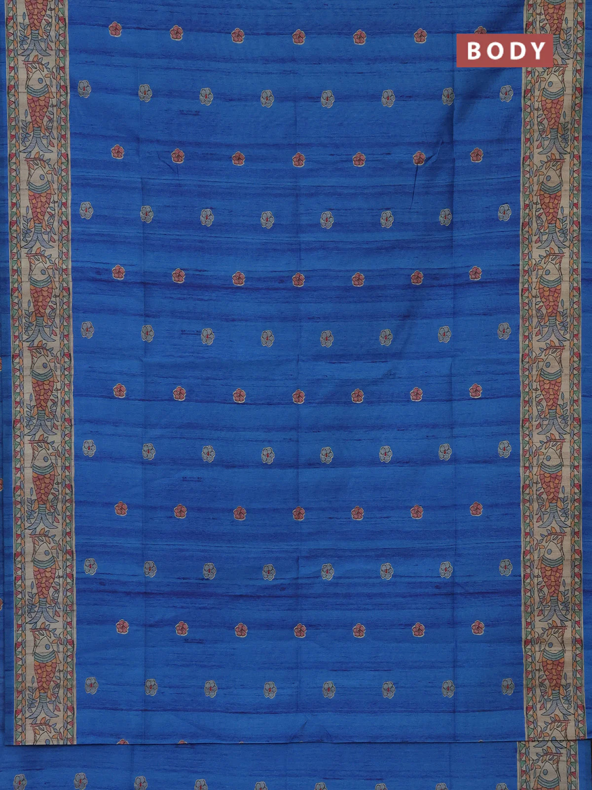 Semi tussar saree cs blue and beige with butta prints and madhubani printed pallu - Image 2
