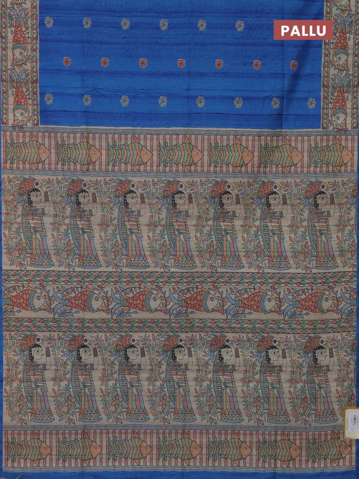 Semi tussar saree cs blue and beige with butta prints and madhubani printed pallu - Image 3