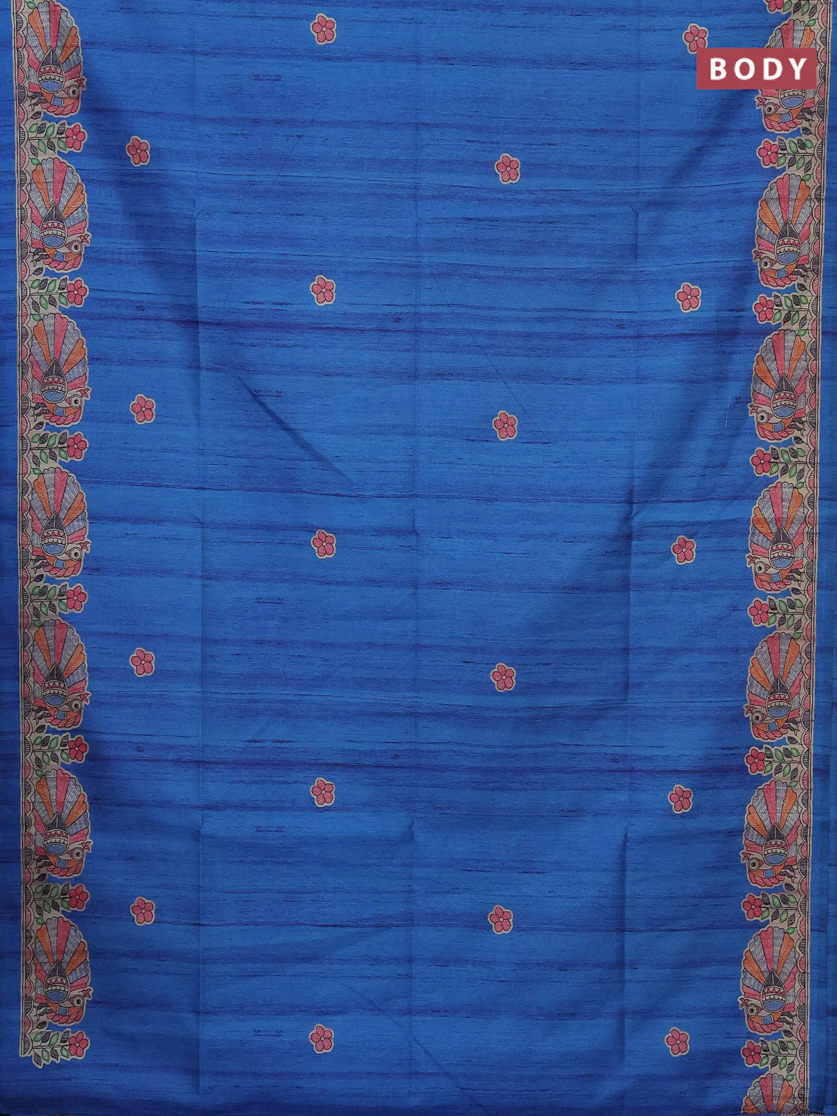 Semi tussar saree cs blue and beige with butta prints and madhubani printed pallu - Image 2
