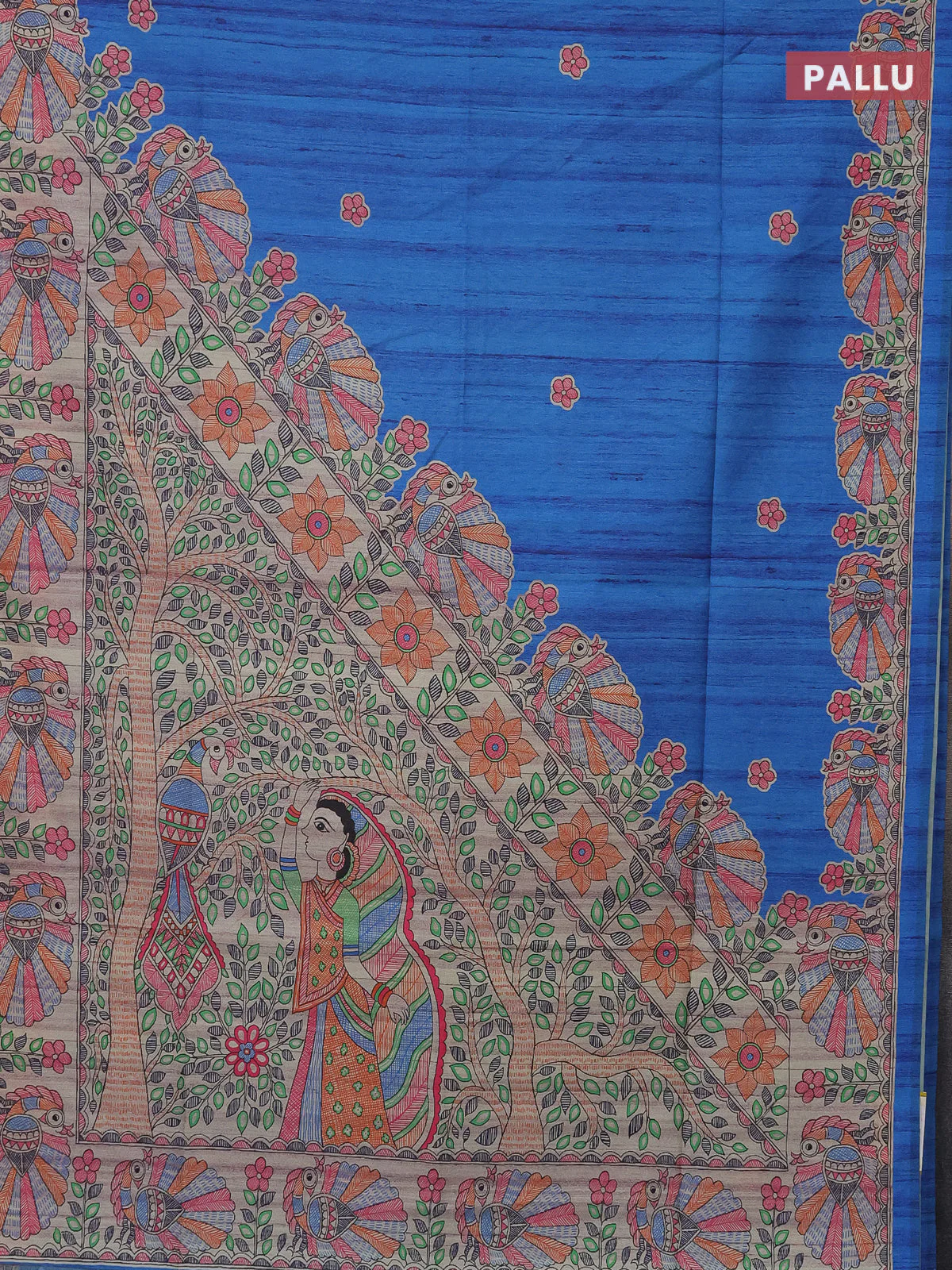 Semi tussar saree cs blue and beige with butta prints and madhubani printed pallu - Image 3