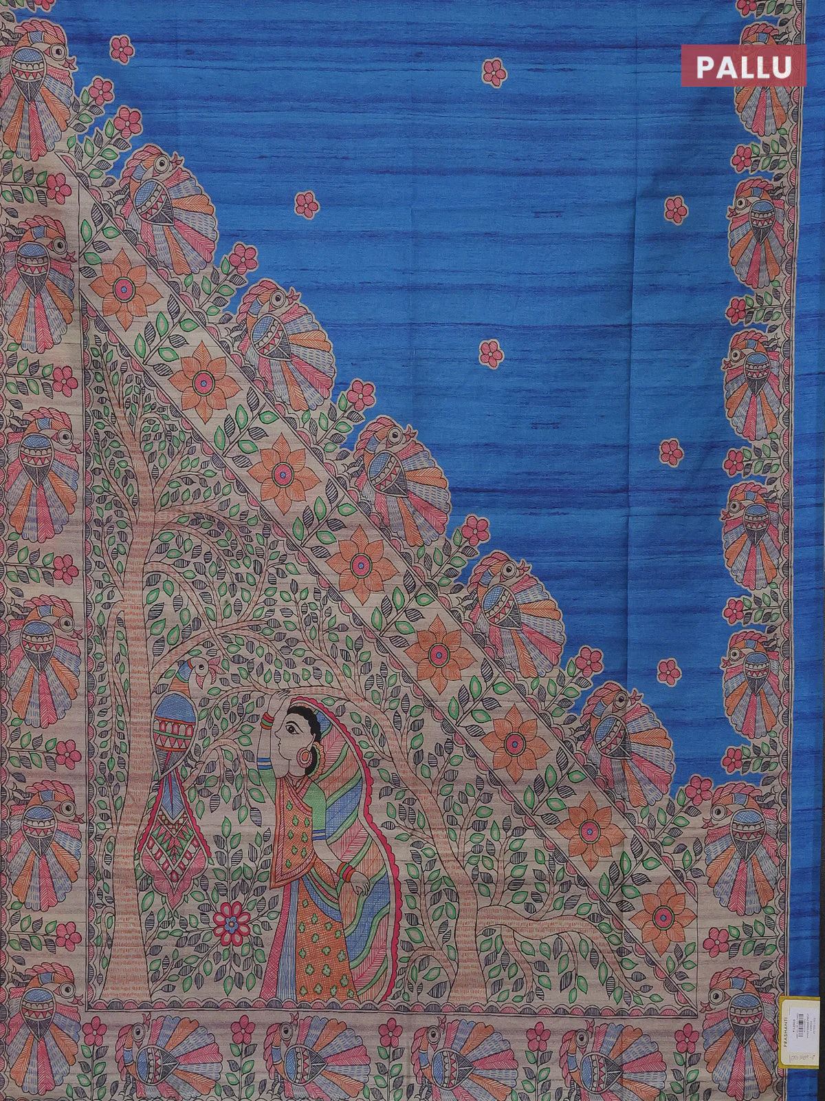 Semi tussar saree cs blue and beige with butta prints and madhubani printed pallu - Image 3