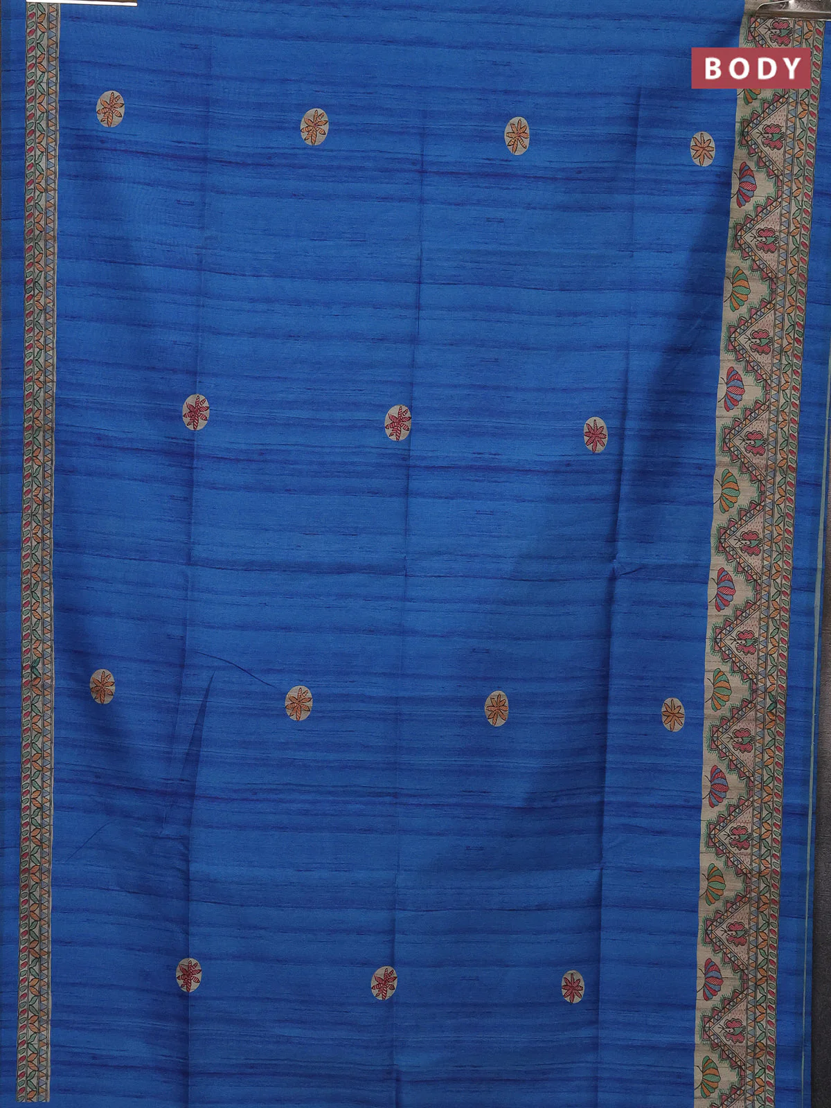 Semi tussar saree cs blue and beige with butta prints and madhubani printed pallu - Image 2