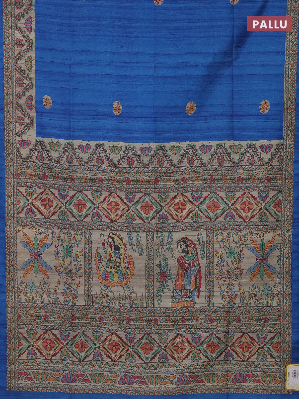 Semi tussar saree cs blue and beige with butta prints and madhubani printed pallu - Image 3