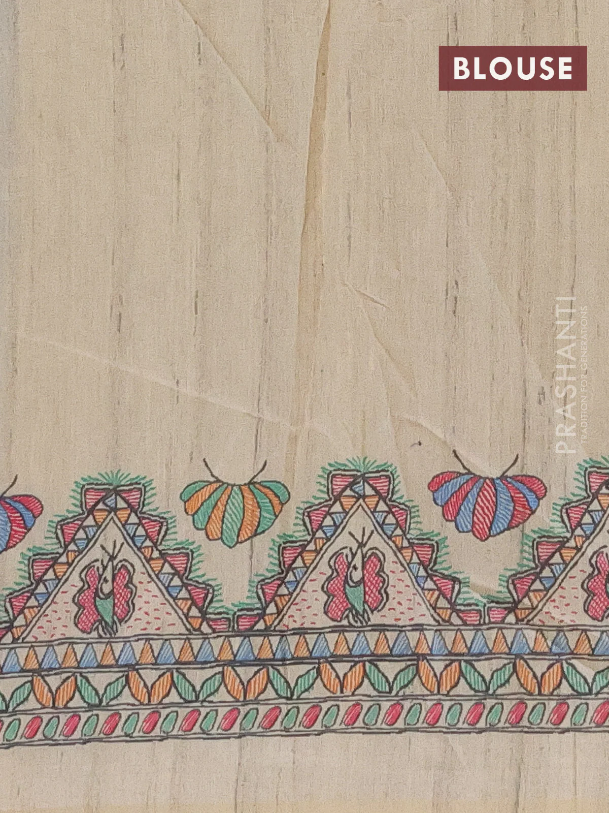 Semi tussar saree cs blue and beige with butta prints and madhubani printed pallu - Image 4