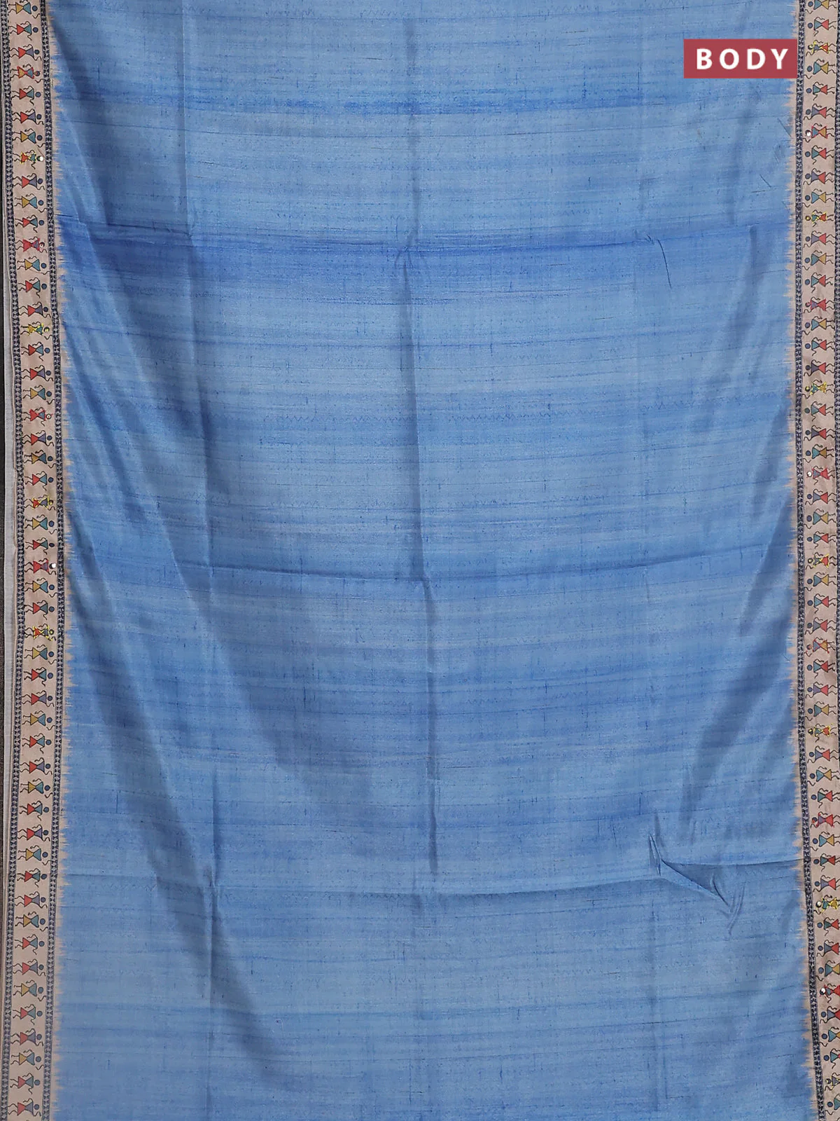 Semi tussar saree cs blue and beige with plain body and warli prints kantha stitch work border - Image 2