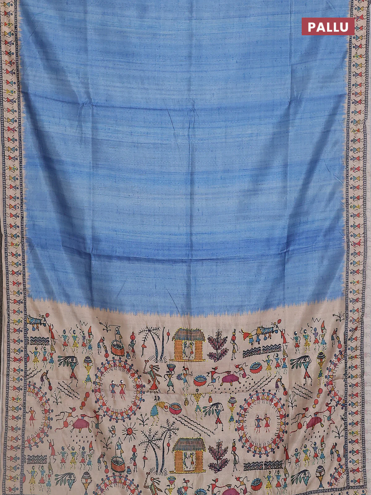 Semi tussar saree cs blue and beige with plain body and warli prints kantha stitch work border - Image 3