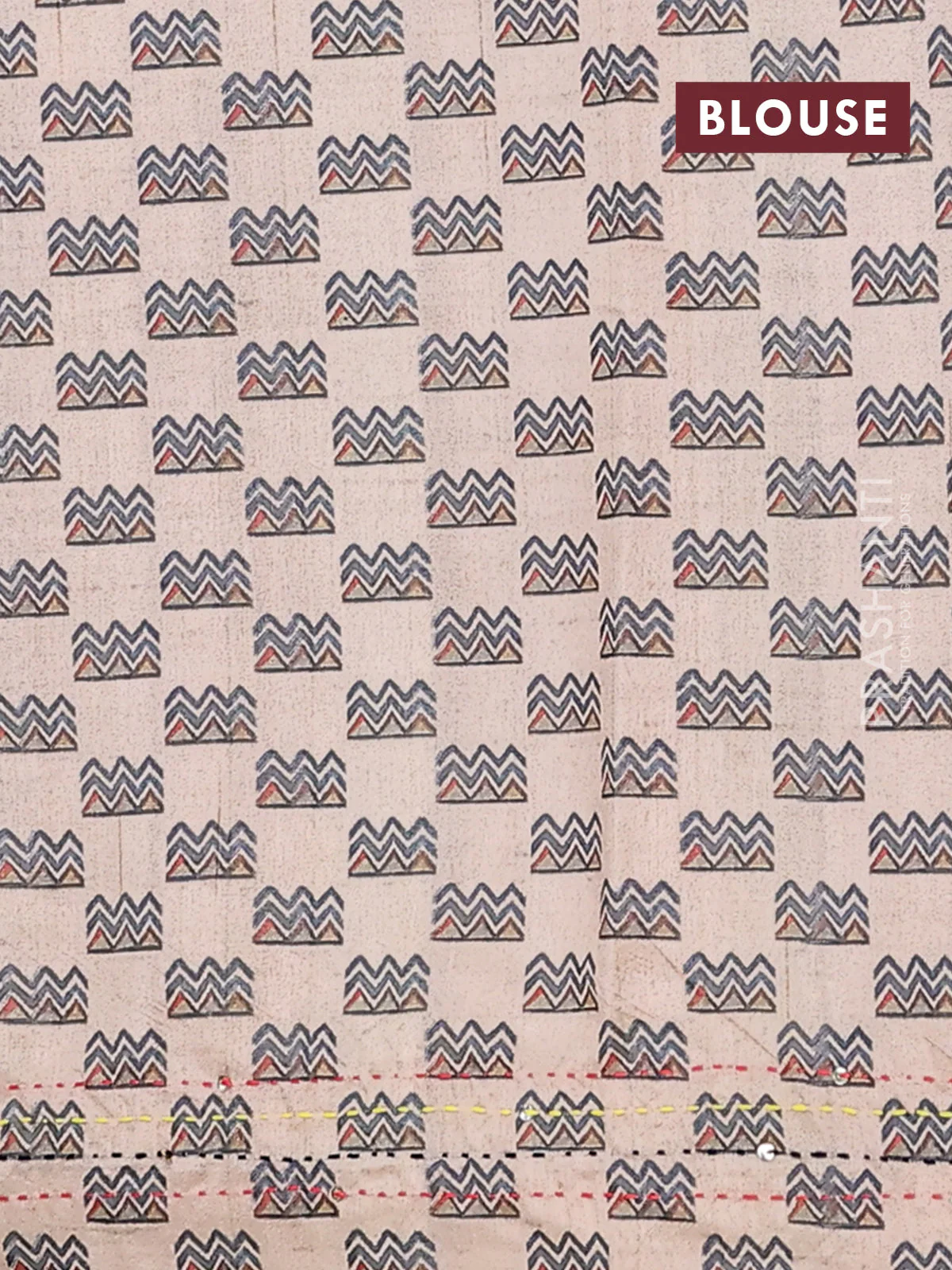 Semi tussar saree cs blue and beige with plain body and warli prints kantha stitch work border - Image 4