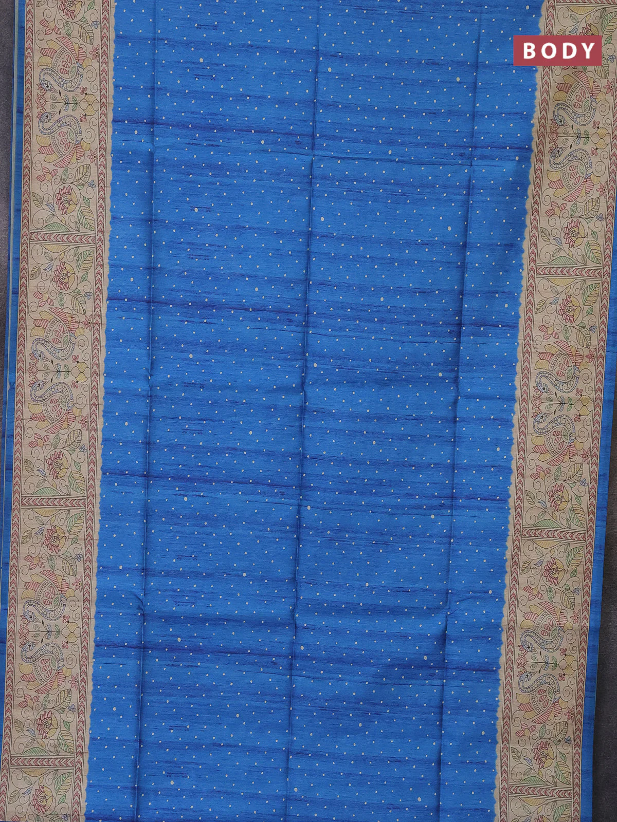 Semi tussar saree cs blue and beige with polka dot prints and madhubani printed pallu - Image 2