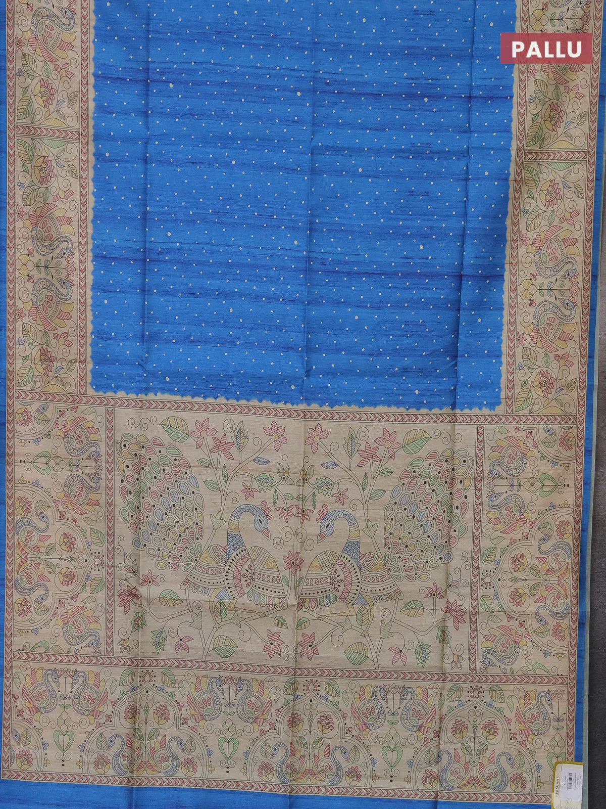 Semi tussar saree cs blue and beige with polka dot prints and madhubani printed pallu - Image 3