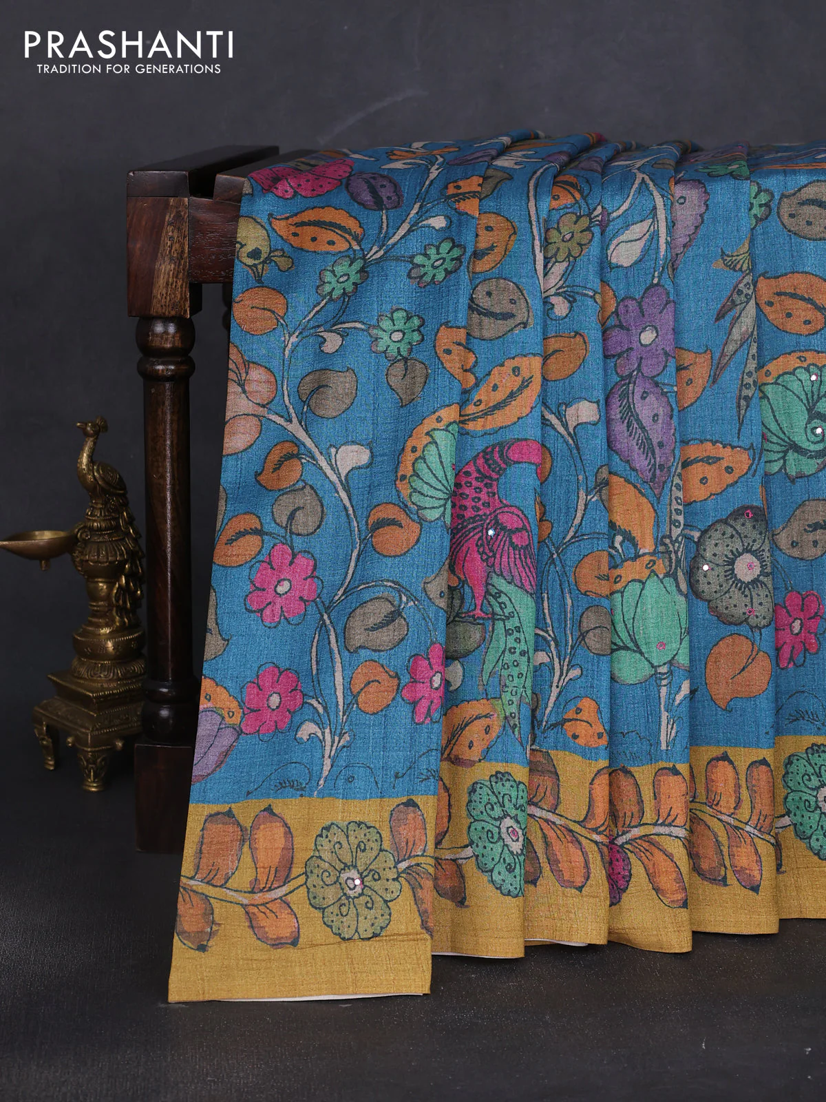 Semi tussar saree cs blue and green with allover kalamkari prints and mirror work - Image 2