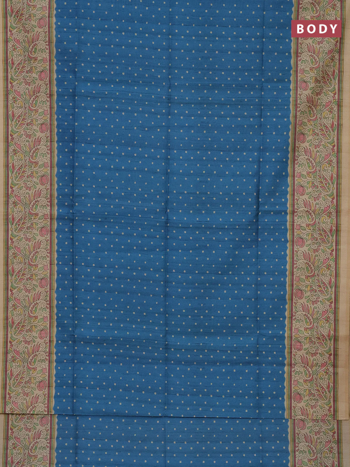 Semi tussar saree cs blue and sandal with bandhini butta prints and printed border - Image 2