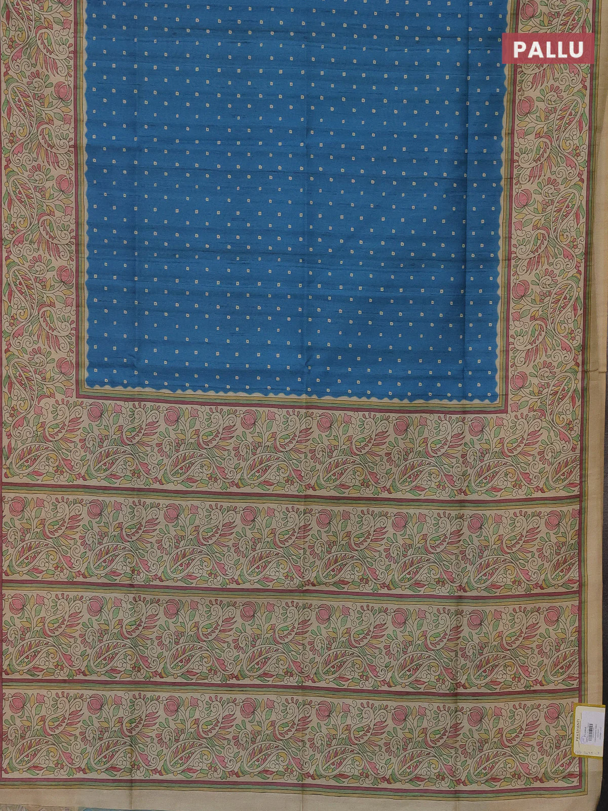 Semi tussar saree cs blue and sandal with bandhini butta prints and printed border - Image 3