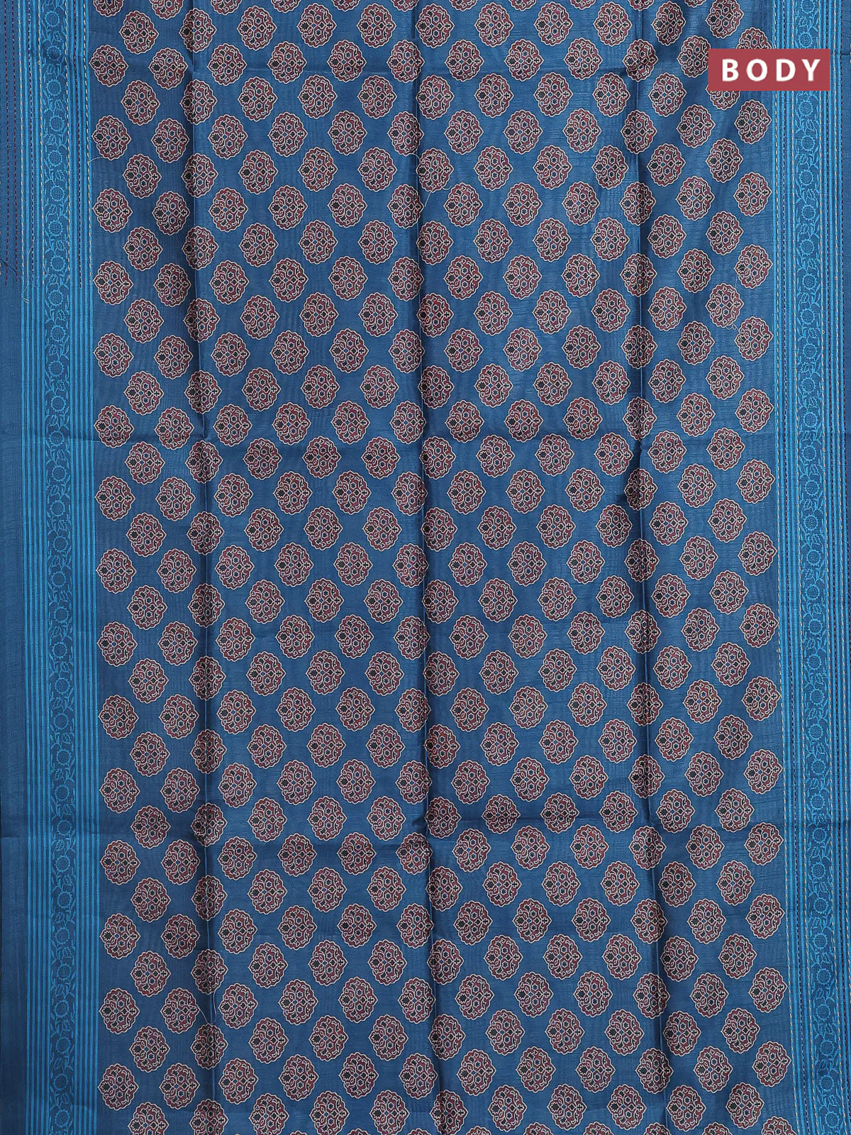 Semi tussar saree cs blue with allover ajrakh butta prints and katha stitch work pallu & border - Image 2