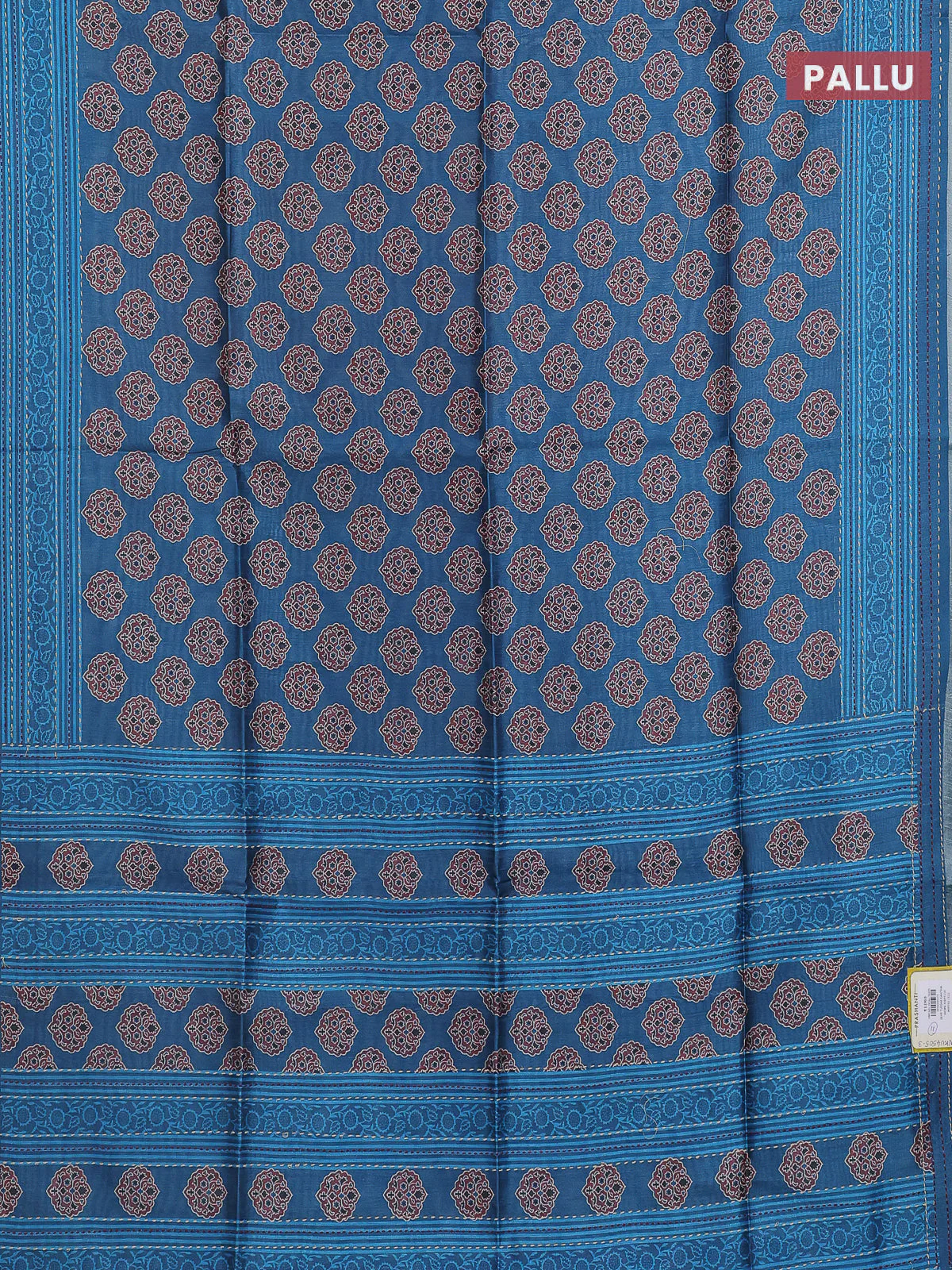 Semi tussar saree cs blue with allover ajrakh butta prints and katha stitch work pallu & border - Image 3
