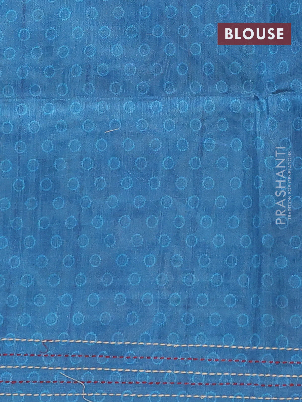 Semi tussar saree cs blue with allover ajrakh butta prints and katha stitch work pallu & border - Image 4