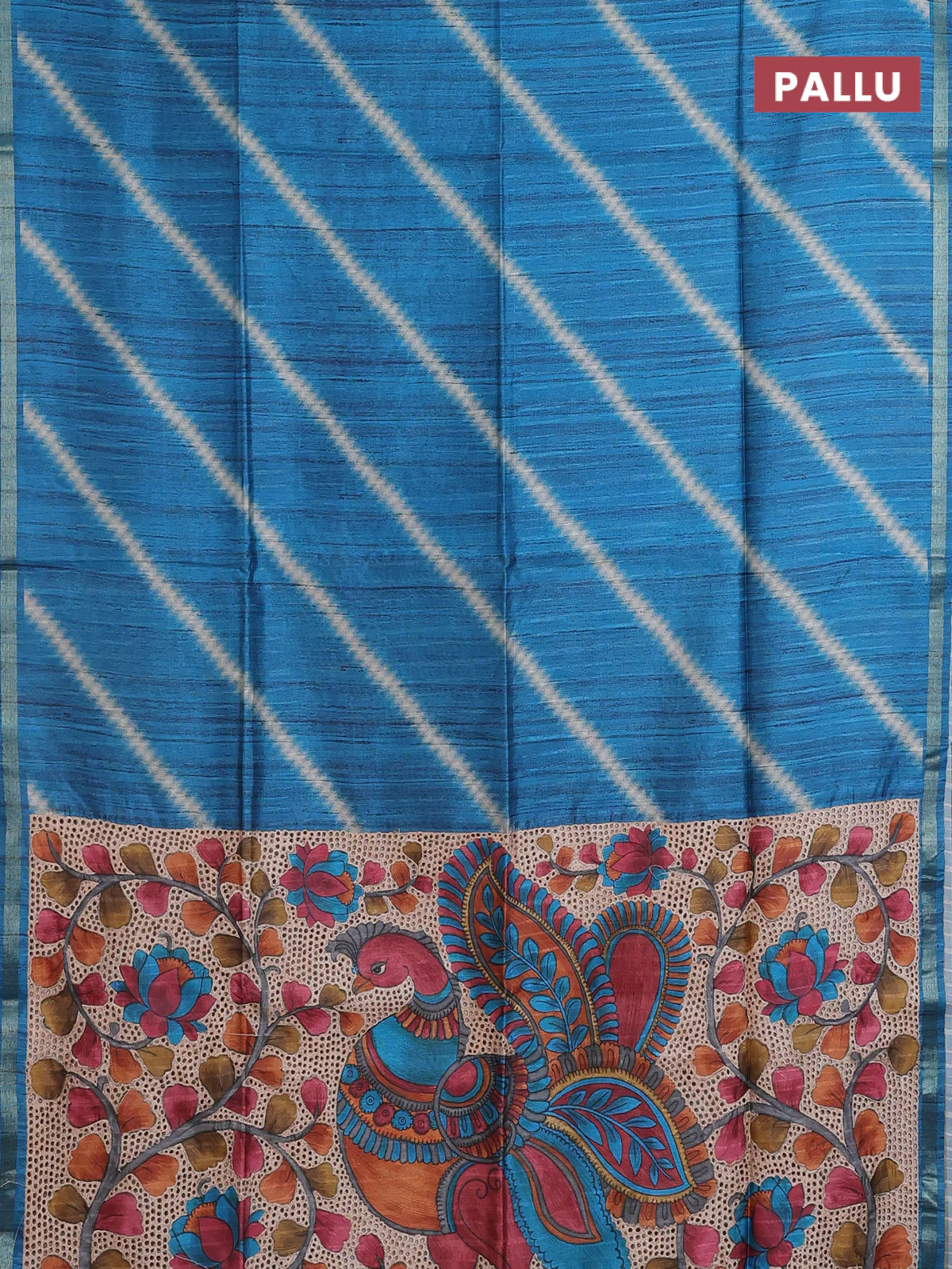 Semi tussar saree cs blue with leheriya prints and kalamkari prints & cut work pallu - Image 3