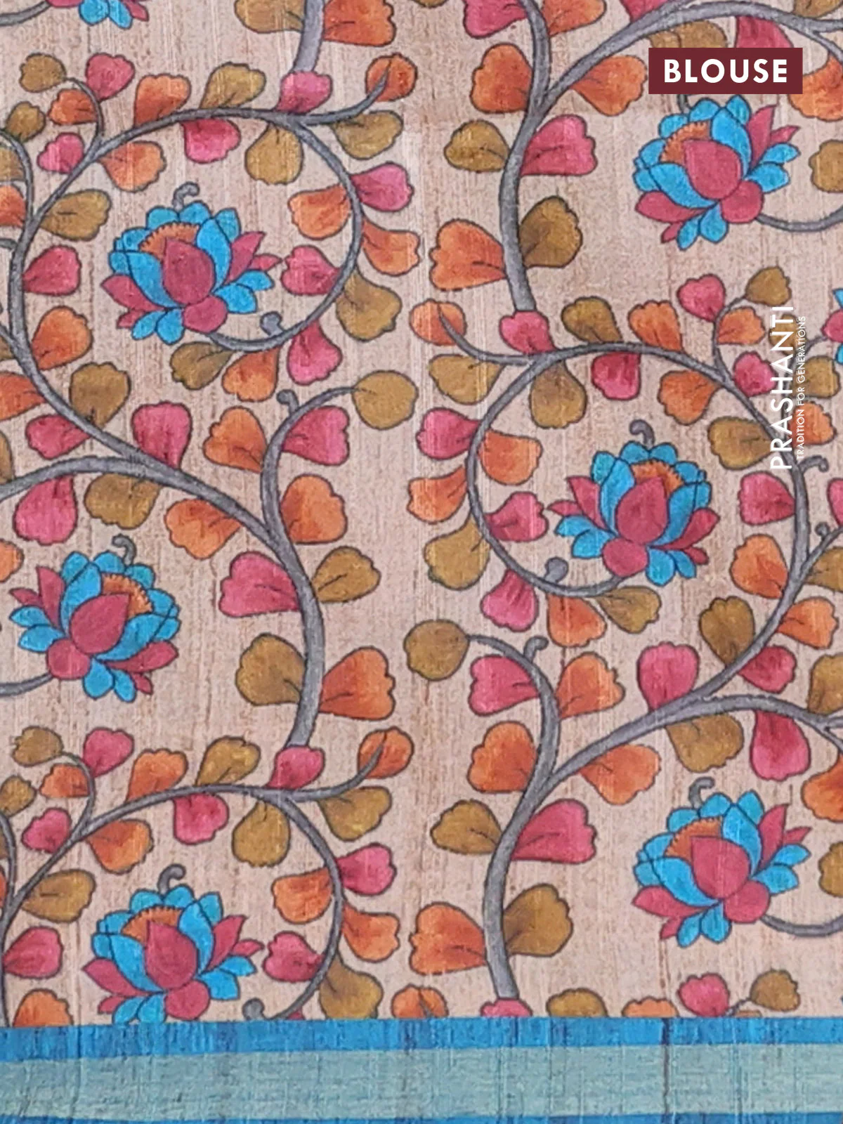 Semi tussar saree cs blue with leheriya prints and kalamkari prints & cut work pallu - Image 4