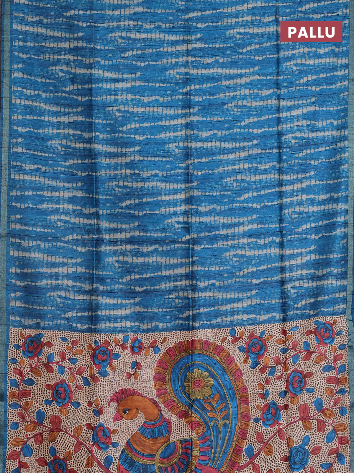 Semi tussar saree cs blue with shibori prints and kalamkari prints & cut work pallu - Image 3