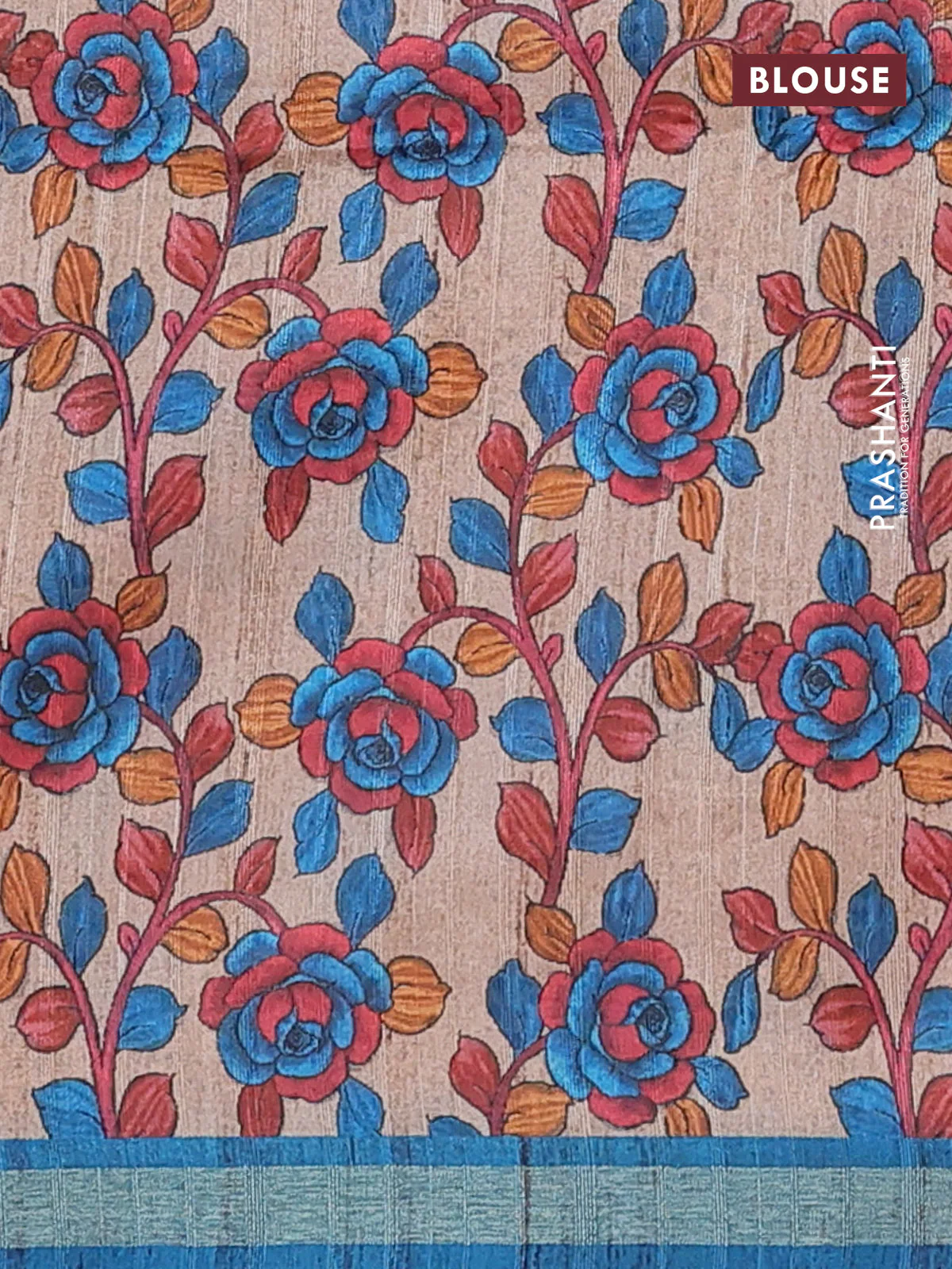Semi tussar saree cs blue with shibori prints and kalamkari prints & cut work pallu - Image 4