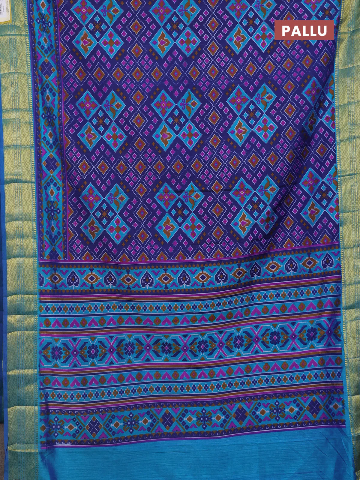 Semi tussar saree dark blue and cs blue with allover ikat prints and zari woven border - Image 3