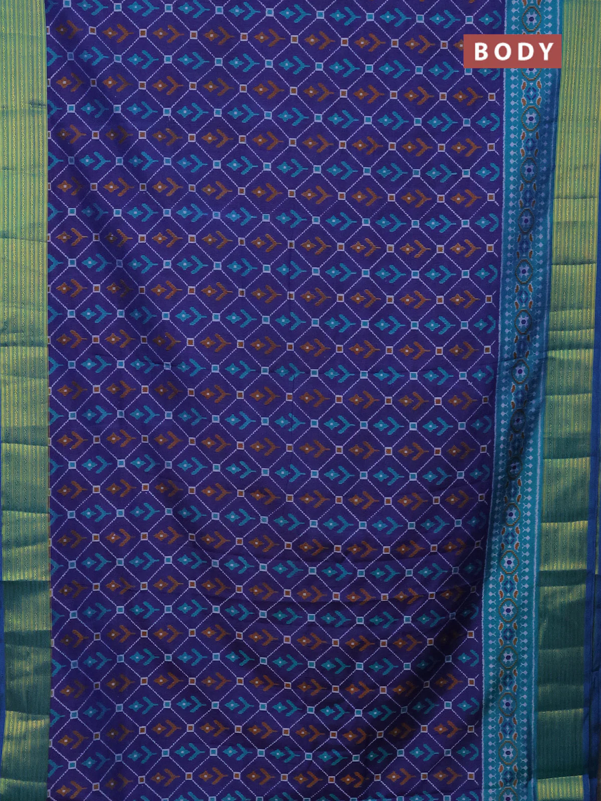 Semi tussar saree dark blue and dual shade of teal blue with allover ikat prints and zari woven border - Image 2