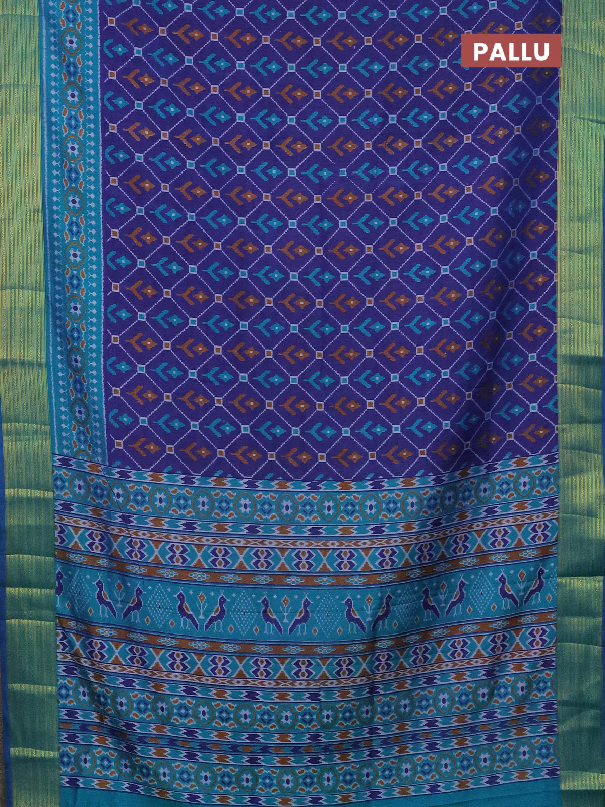 Semi tussar saree dark blue and dual shade of teal blue with allover ikat prints and zari woven border - Image 3