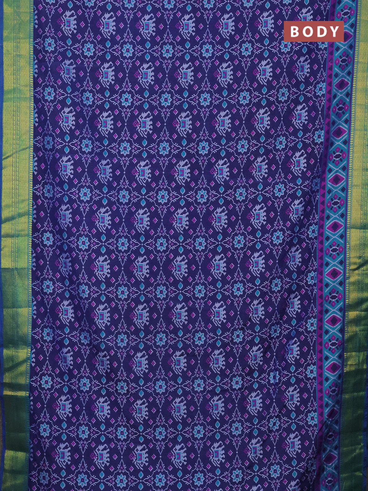 Semi tussar saree dark blue and teal blue with allover patola prints and zari woven border - Image 2