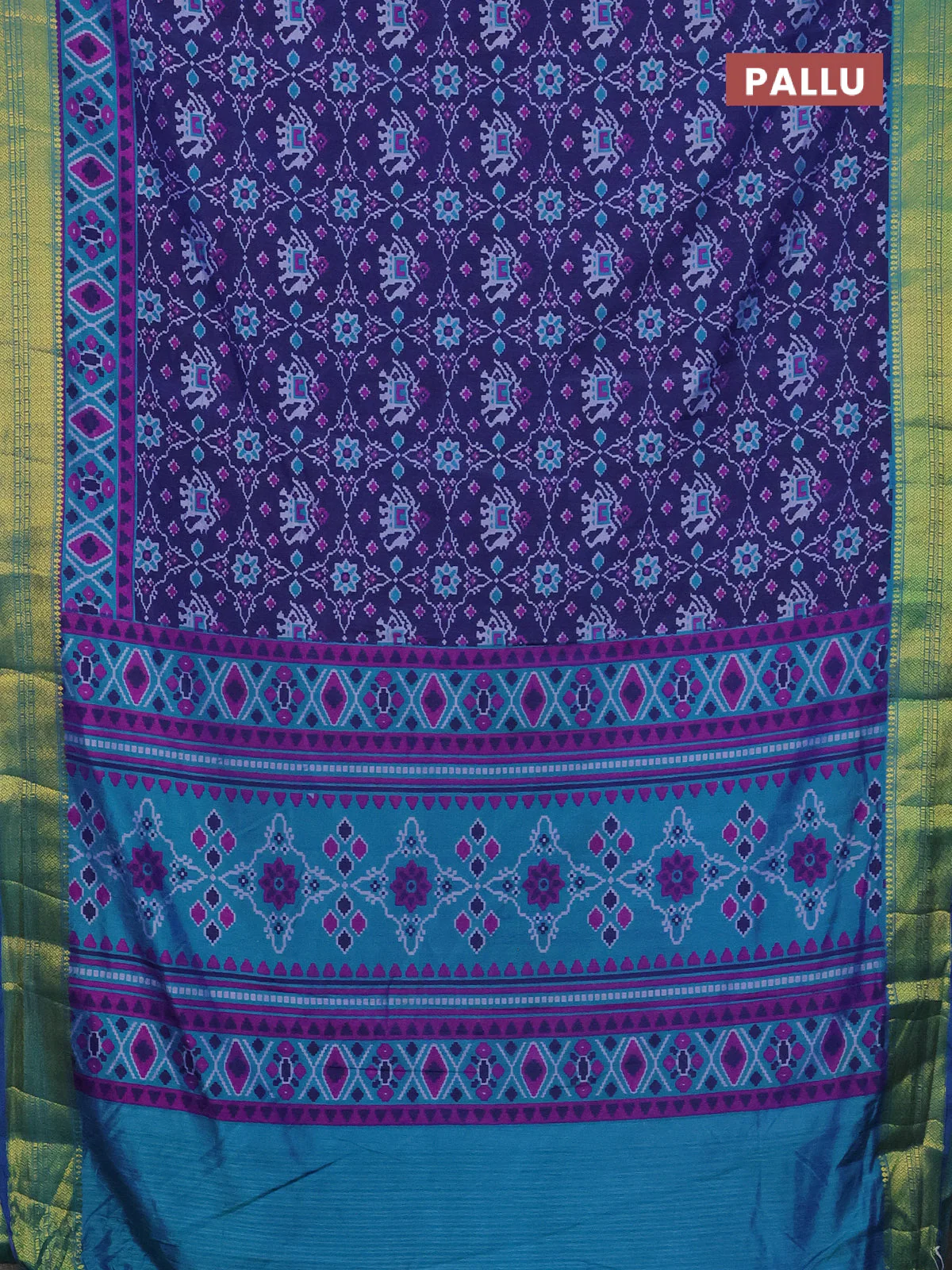 Semi tussar saree dark blue and teal blue with allover patola prints and zari woven border - Image 3