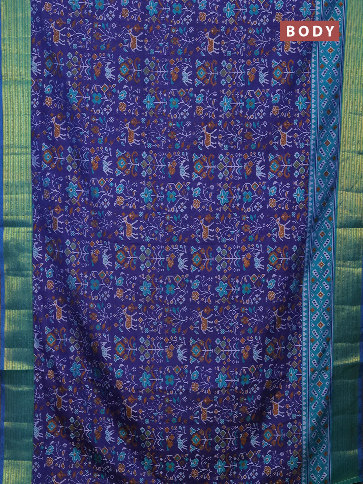 Semi tussar saree dark blue and teal bluish green with allover ikat prints and zari woven border - Image 2