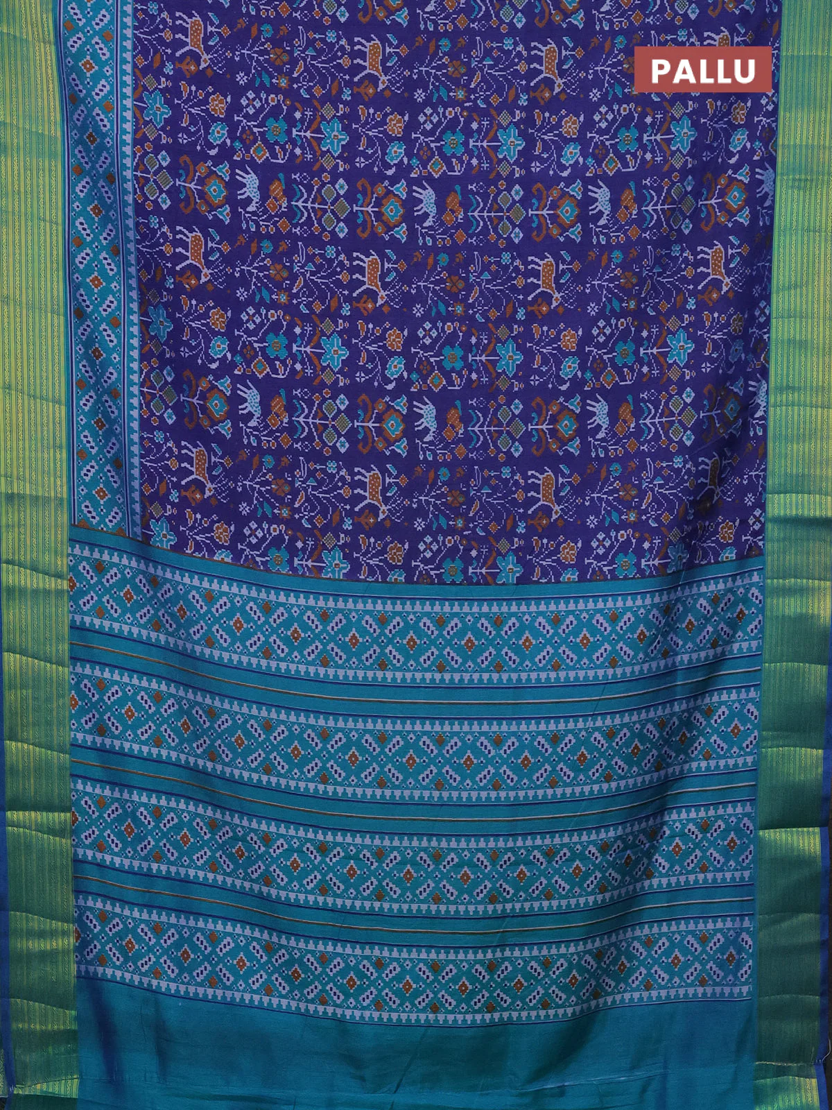 Semi tussar saree dark blue and teal bluish green with allover ikat prints and zari woven border - Image 3