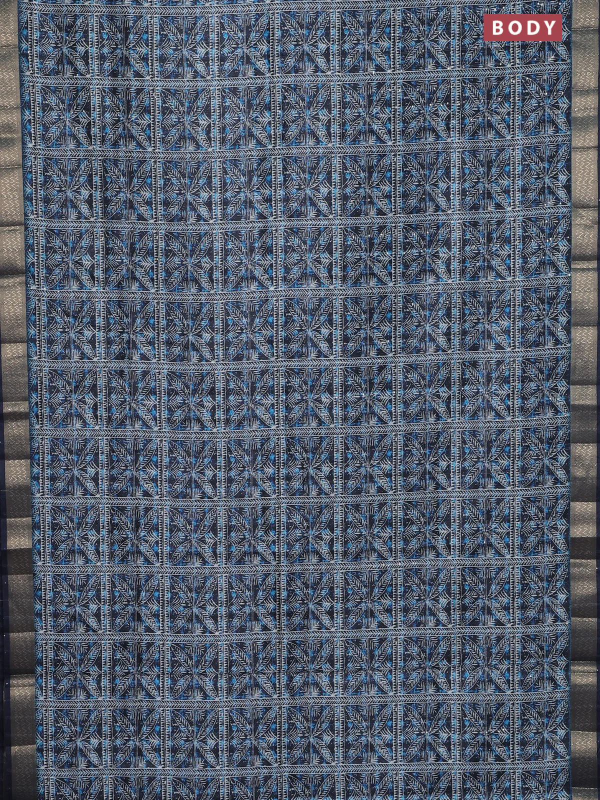 Semi tussar saree dark blue with allover leaf prints & sequin work and zari woven border - Image 2