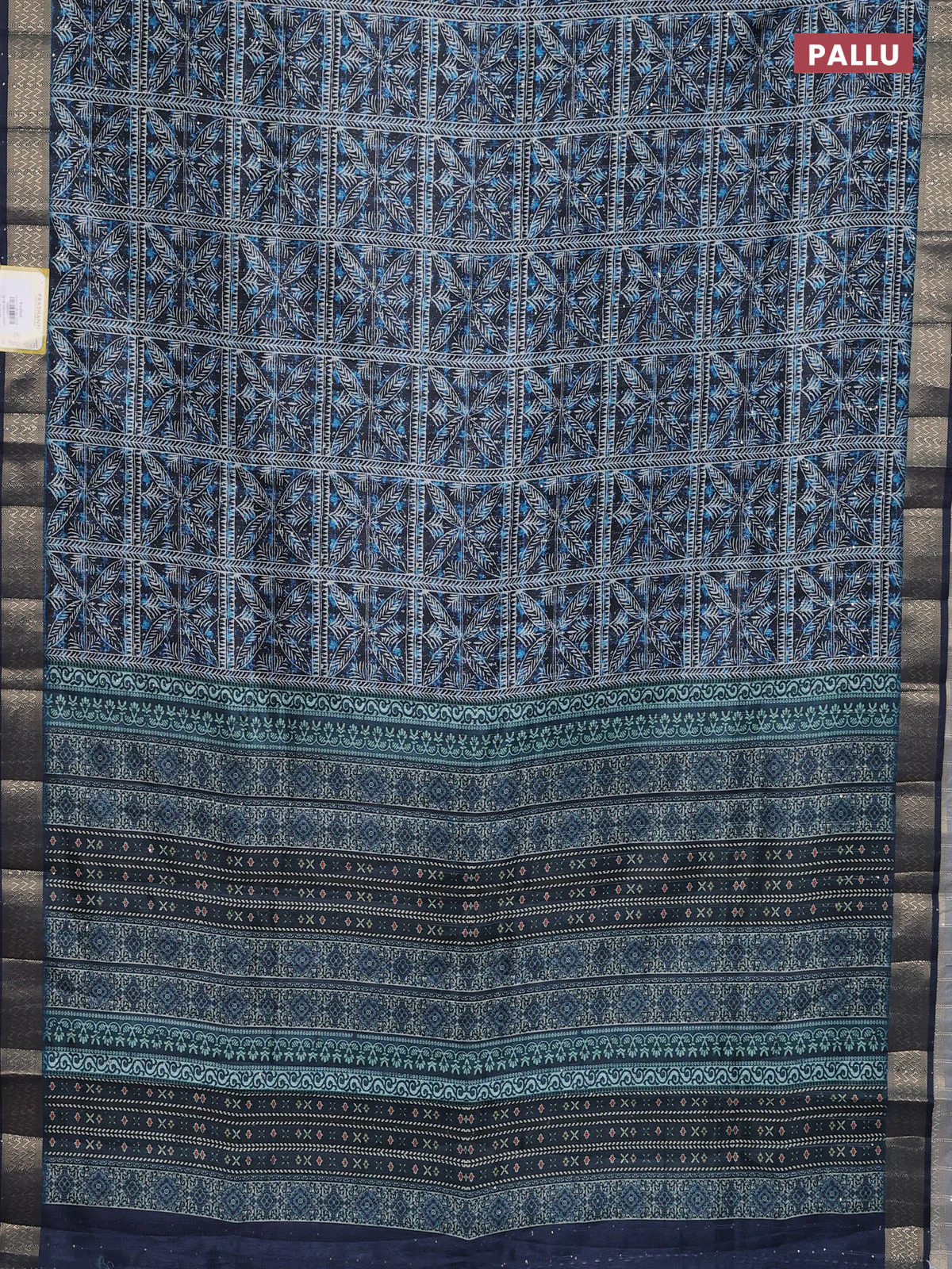 Semi tussar saree dark blue with allover leaf prints & sequin work and zari woven border - Image 3