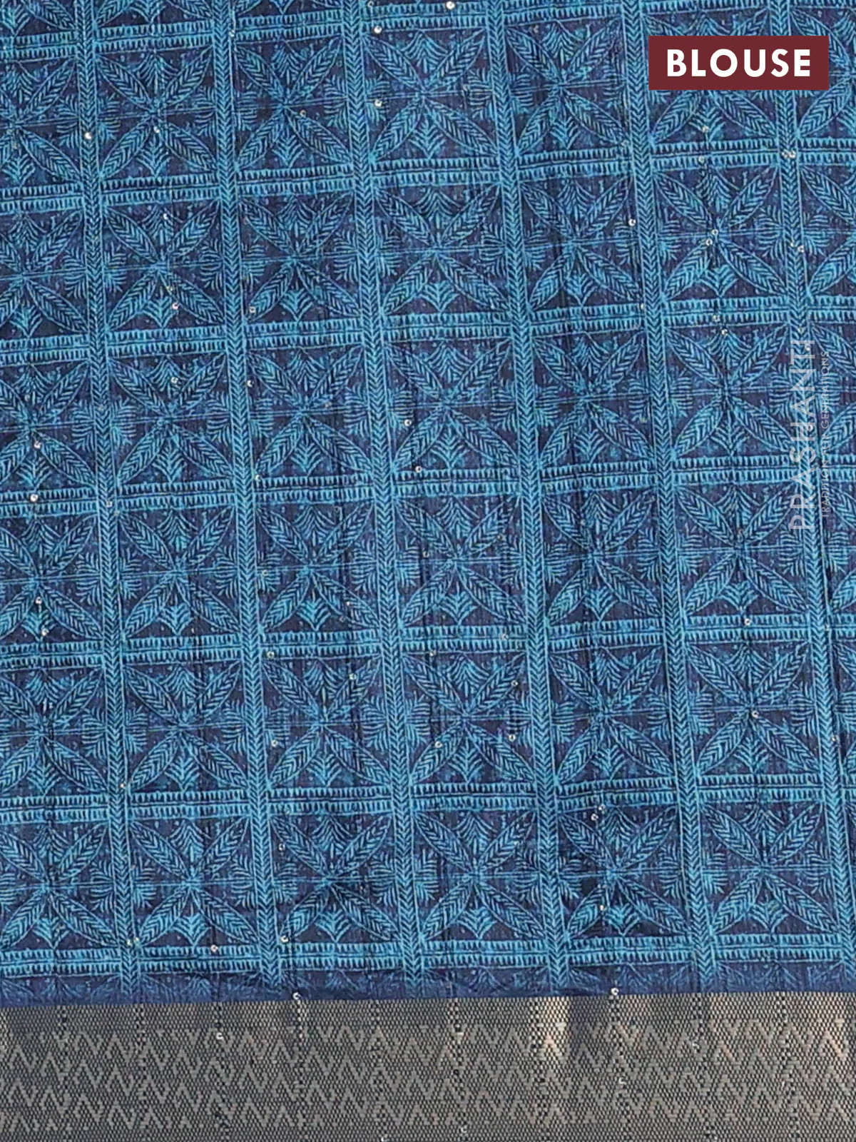 Semi tussar saree dark blue with allover leaf prints & sequin work and zari woven border - Image 4