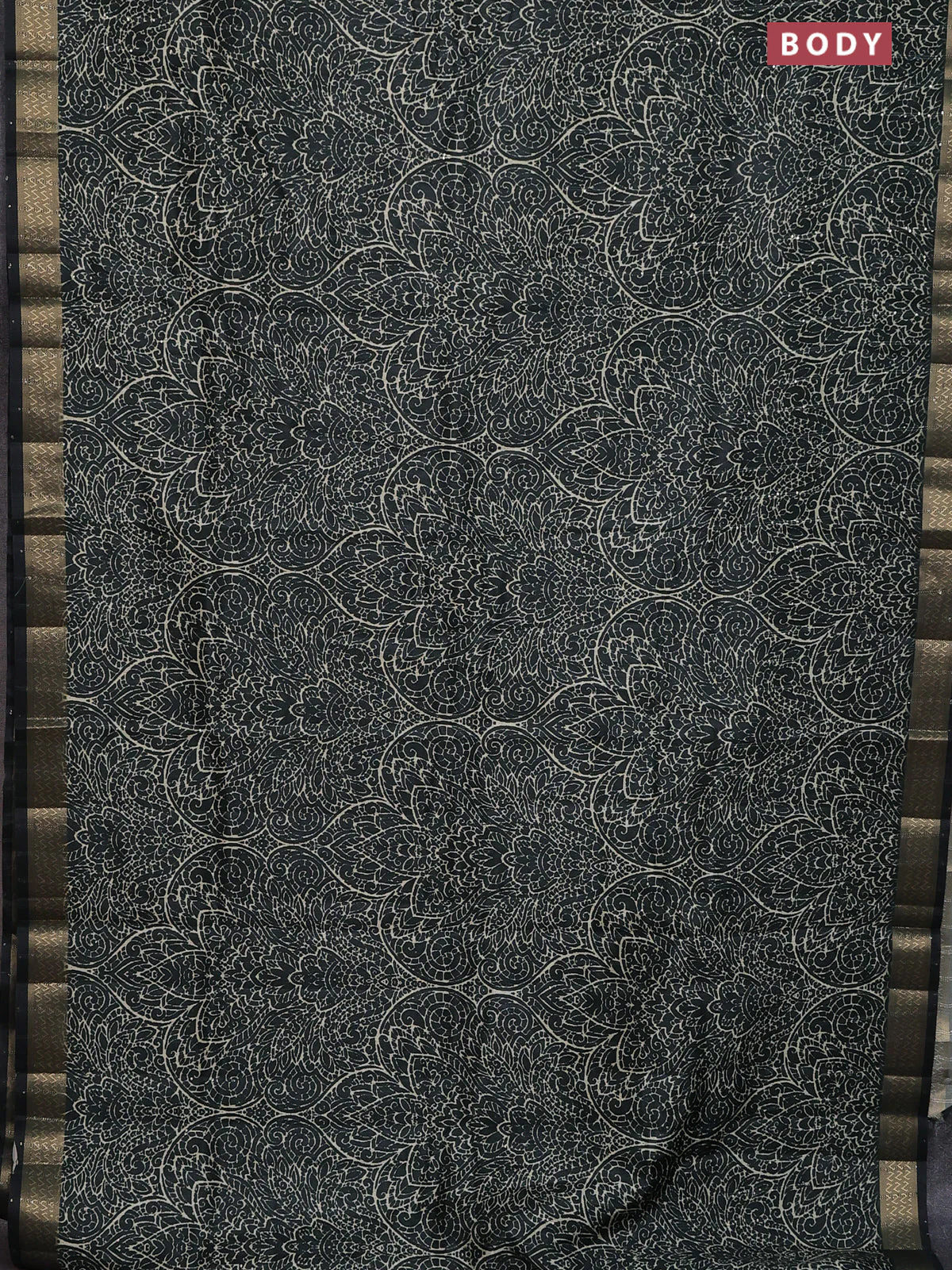 Semi tussar saree dark bottle green with allover prints & sequin work and zari woven border - Image 2