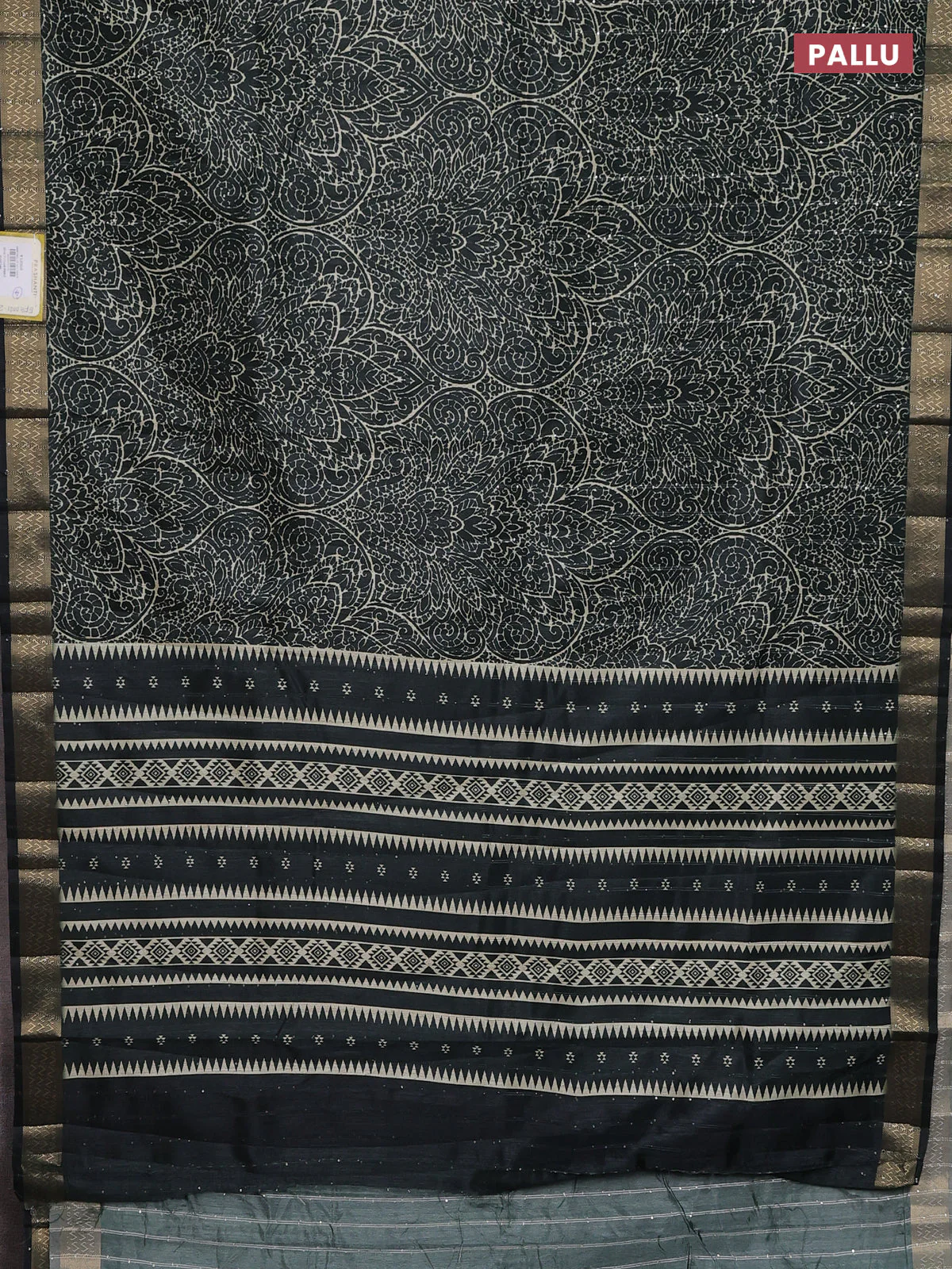 Semi tussar saree dark bottle green with allover prints & sequin work and zari woven border - Image 3