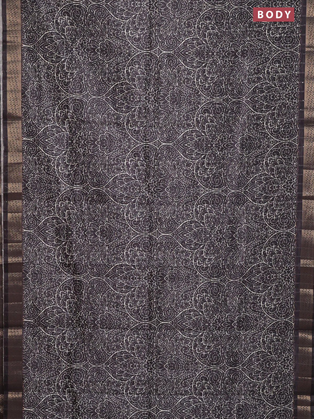 Semi tussar saree dark brown with allover prints & sequin work and zari woven border - Image 2