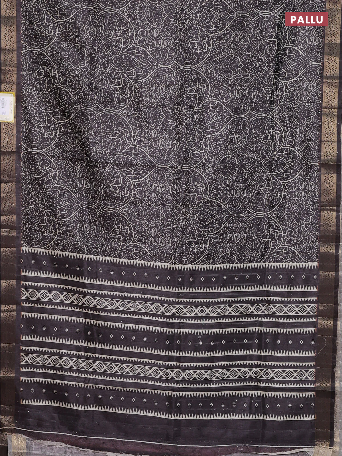 Semi tussar saree dark brown with allover prints & sequin work and zari woven border - Image 3