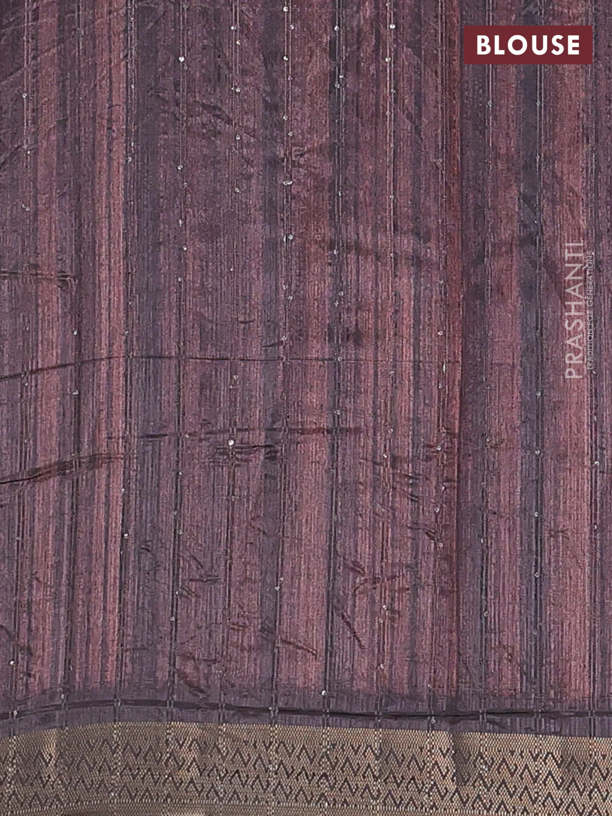 Semi tussar saree dark brown with allover prints & sequin work and zari woven border - Image 4