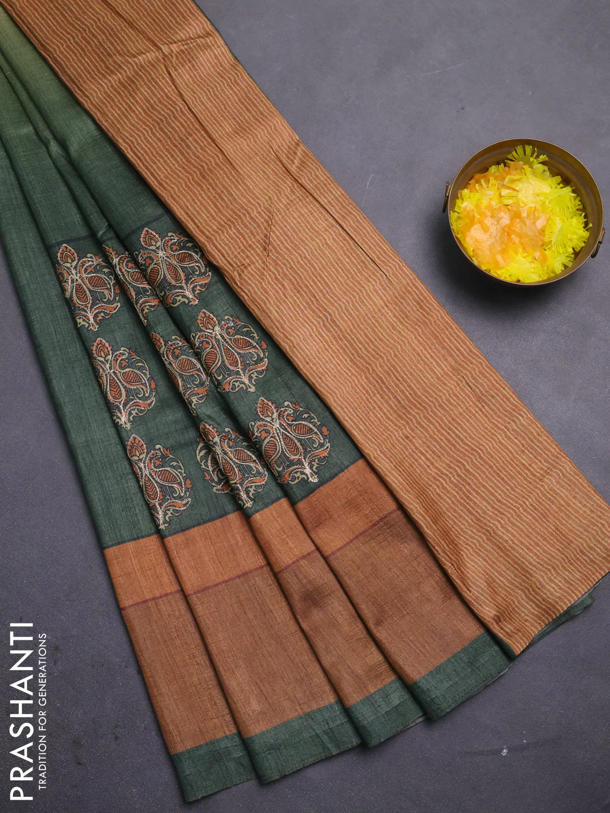 Semi tussar saree dark green and brown with plain body and embroidered pallu