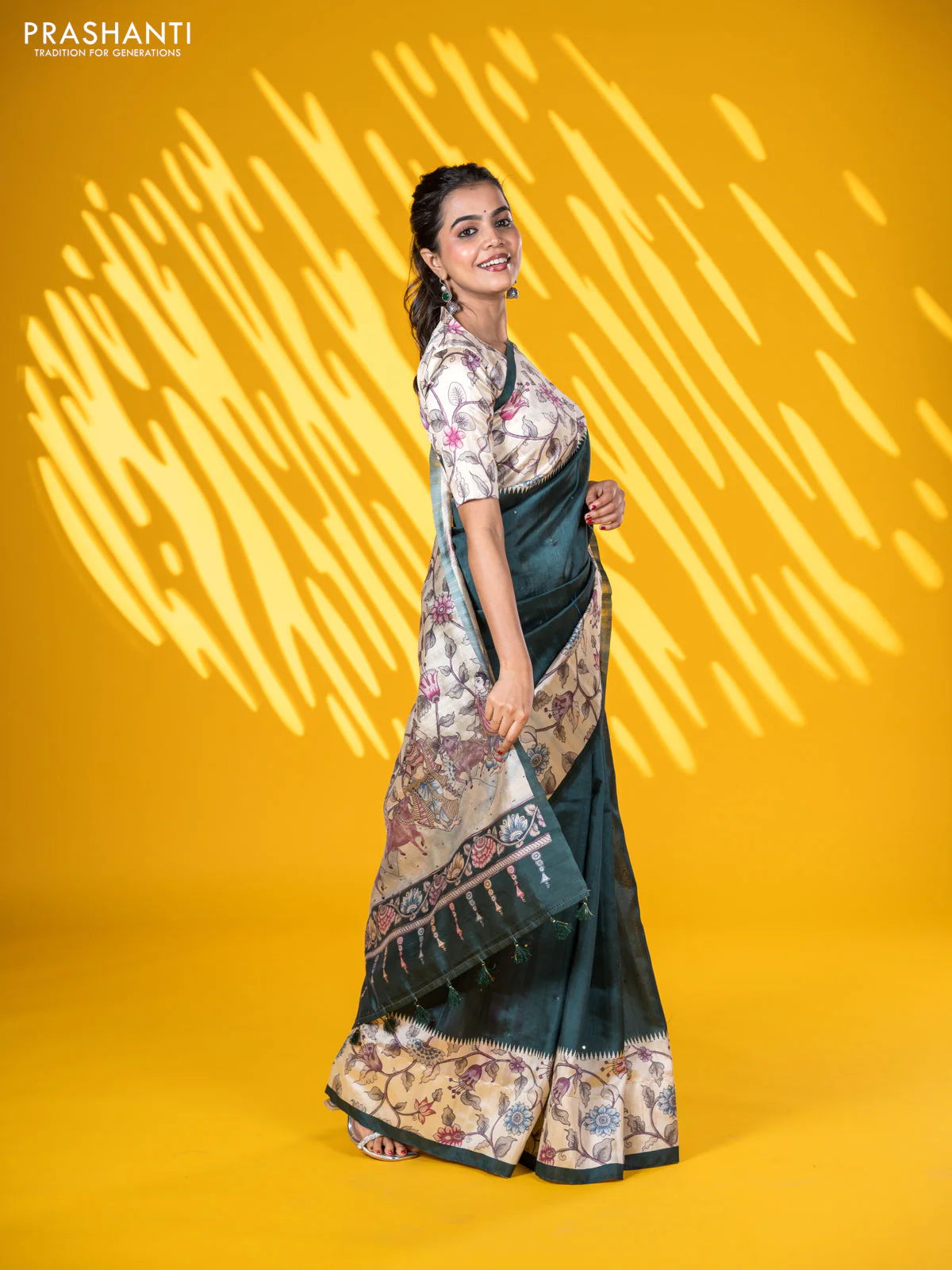 Semi tussar saree dark green and cream with allover mirror work and kalamkari printed border - Image 2